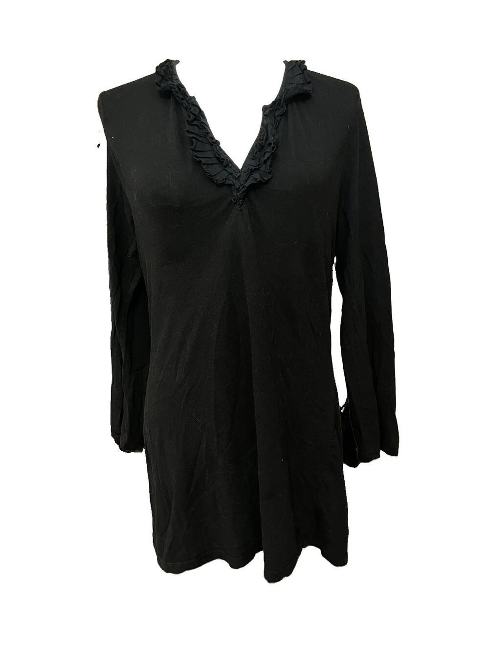 Womens Charter Club Size Small Black Frill Deep V Neck Long Sleeve Blouse Classy
